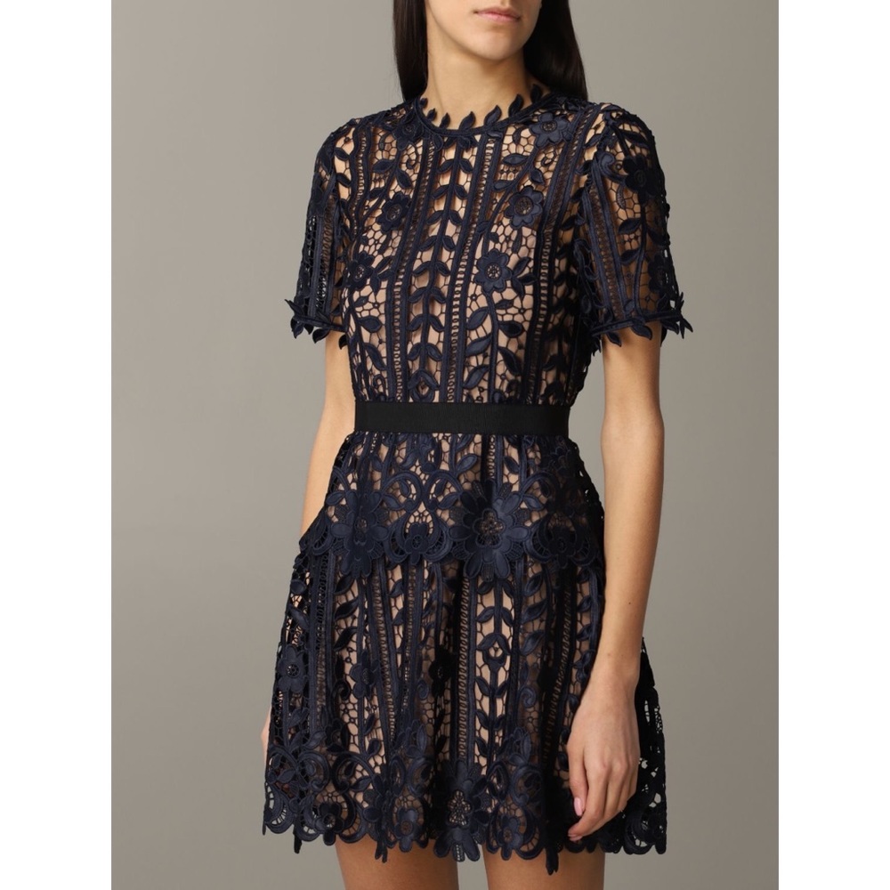 Self Portrait Floral Lace Short Sleeve A Line Dress Navy Nude Size US10 - Picture 9 of 12